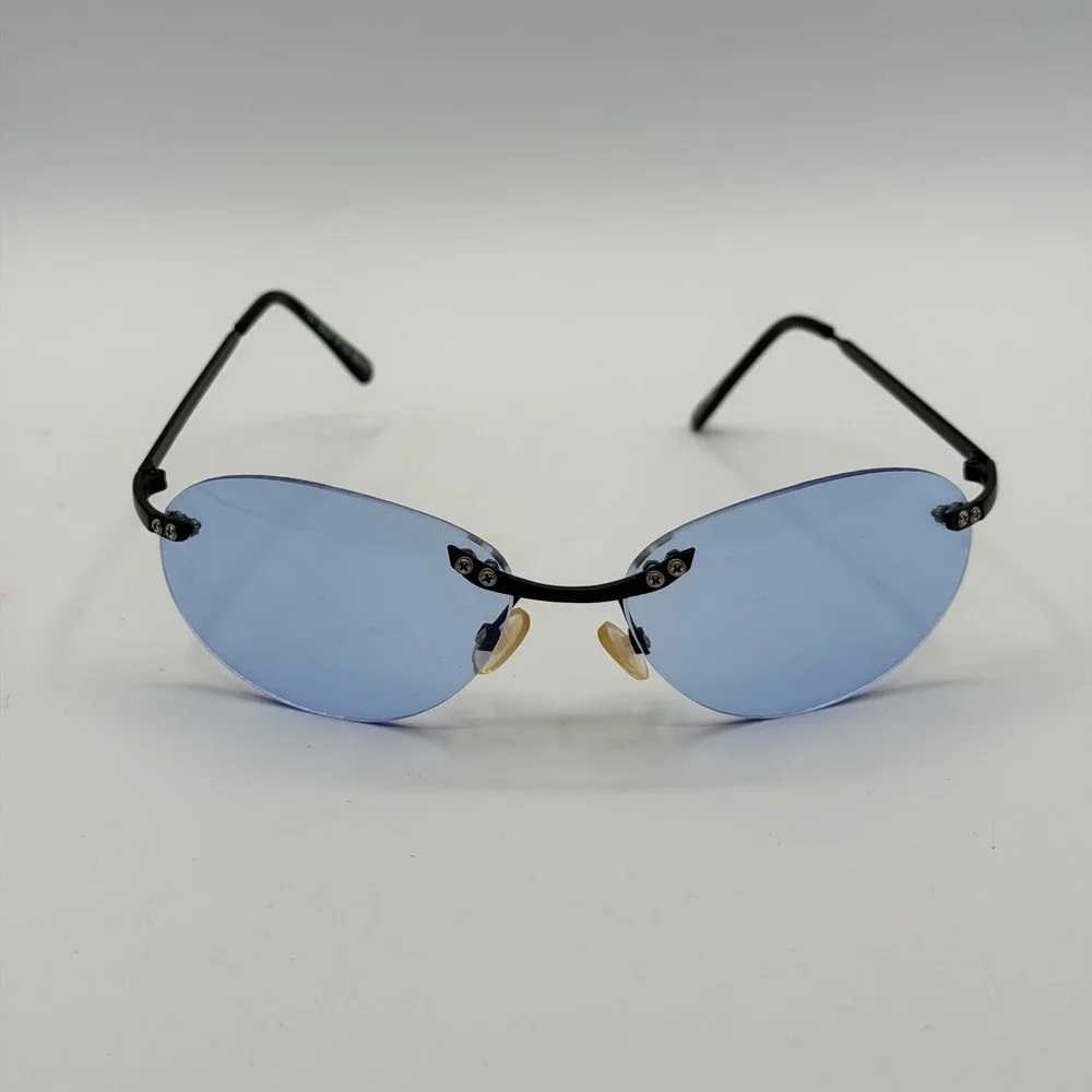 Deziner Y2K Style Blue Rimless Sunglasses Oval Lens Italy Design Matrix Cyber